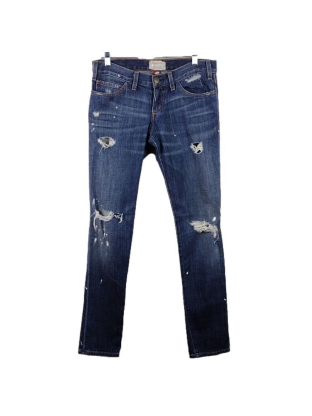 Current/elliott The Skinny Blue Dark Wash Five Pocket Low Rise Distressed Jeans